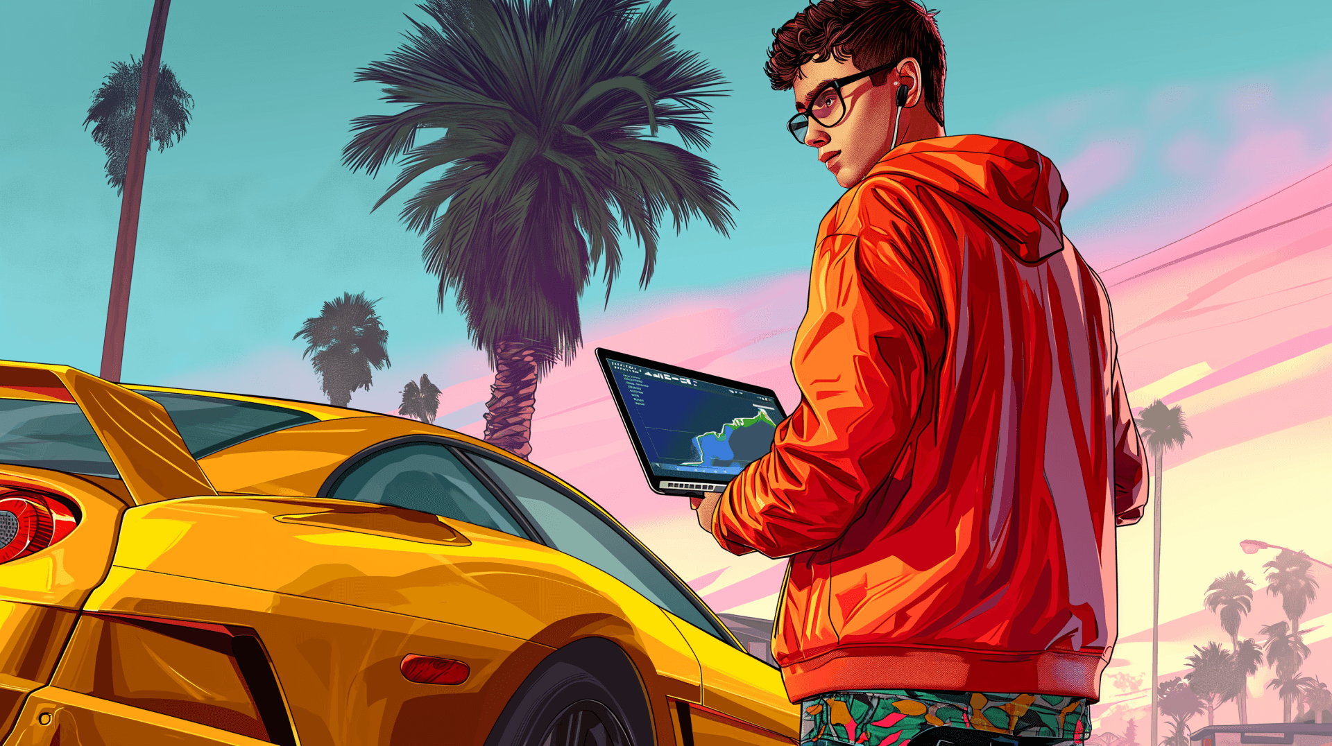 Rapaz de moletom laranja ao lado de carro esportivo